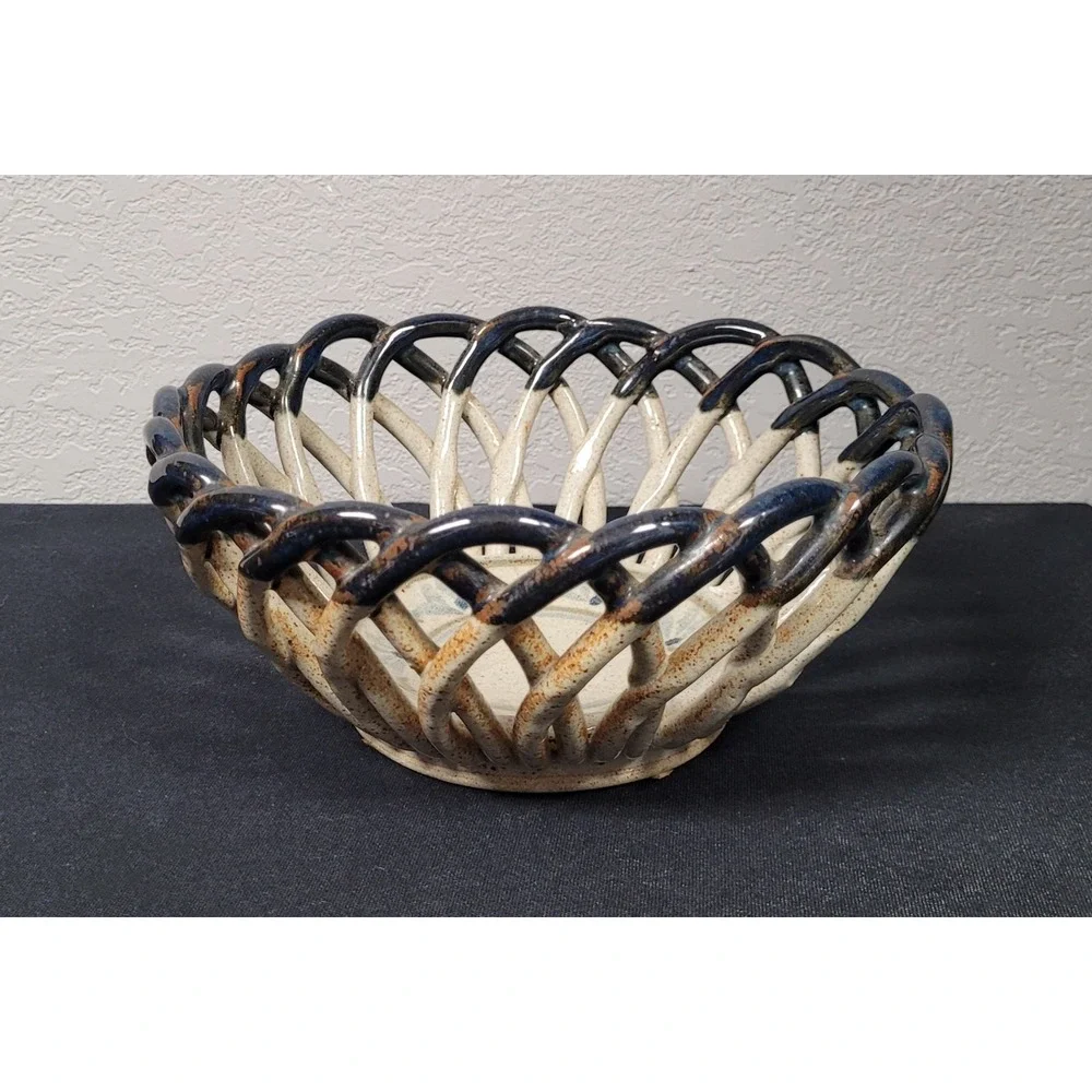 Vintage 1970s-1990s Studio Art Pottery Lattice Decorative Bowl Marked Decker